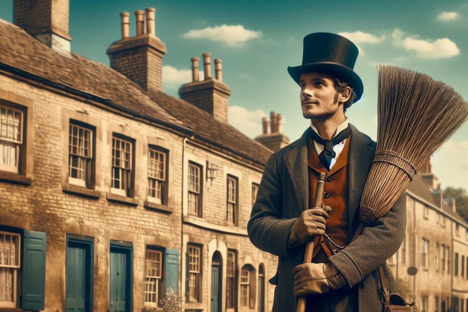 Vanhan ajan nuohooja rivitalojen vieressä → Perinteinen nuohooja työssään Lappeenrannassa